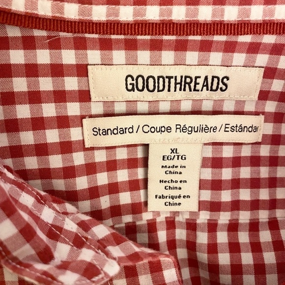 Goodthreads XL Mens Standard Long-Sleeve Gingham Plaid Poplin Shirt Red/White - Picture 4 of 5